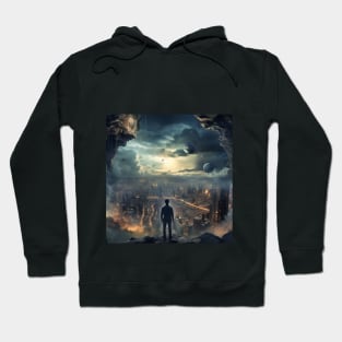 Apocalyptic Vision: A Sole Observer Amidst a Dystopian Cityscape Hoodie